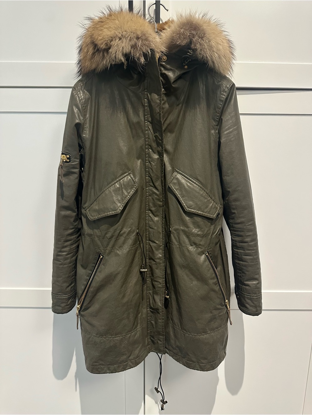 SAM. Tribeca fur lined coat in army military green.